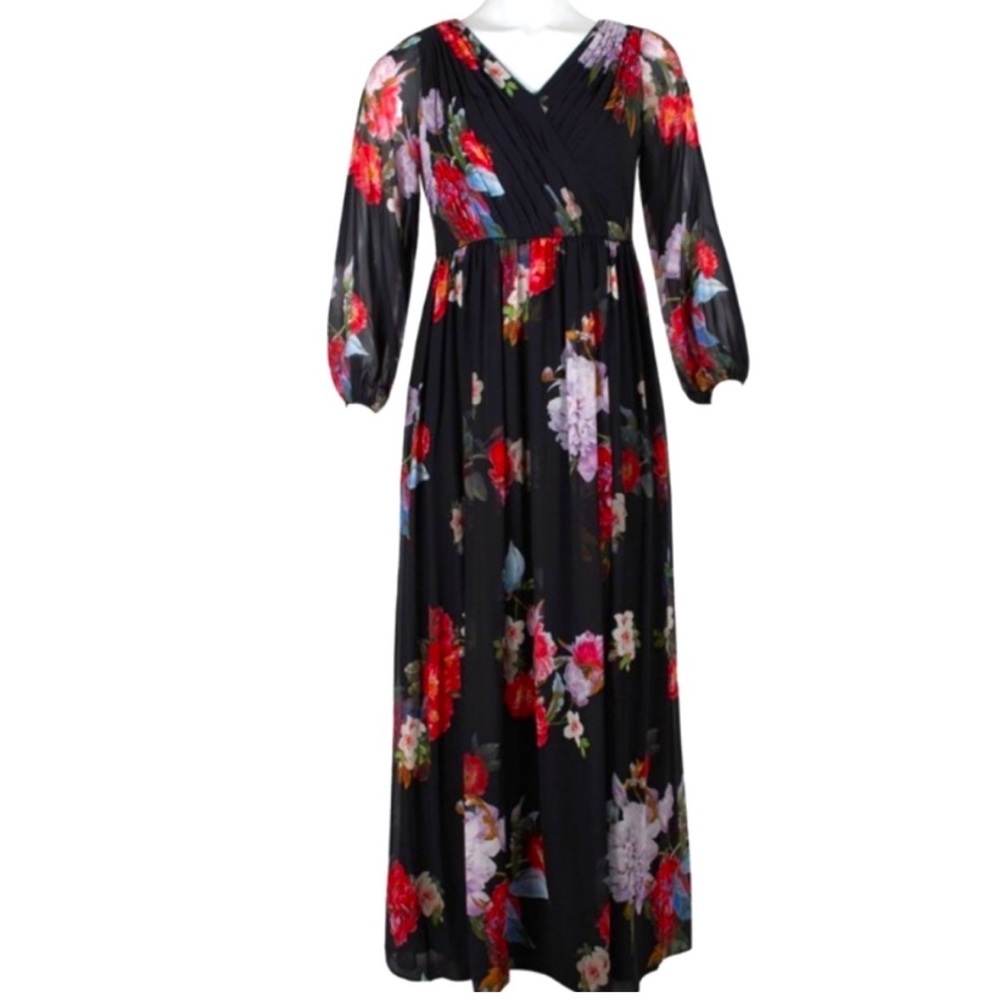 Adrianna Papell Floral Chiffon Maxi Dress Gown Sz 10 Dark Romantic Garden Party - Picture 3 of 15